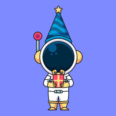 Astronaut brings birthday gift, cute cartoon icon illustrationのイラスト素材
