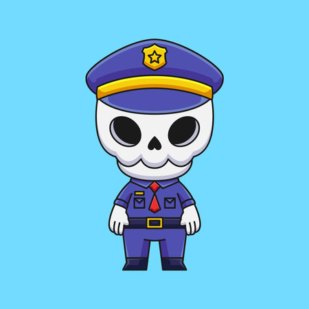 cute police skull cartoon doodle hand drawn concept vector kawaii icon illustrationのイラスト素材