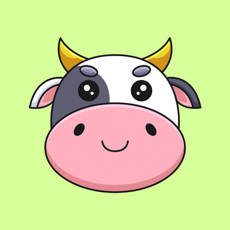 A friendly and endearing cow head cartoon illustration with a cute expression, perfect for adding a touch of charm and character to any project or design.のイラスト素材