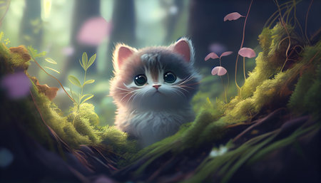 The "Kitten in the Woods" illustration depicts a cute and curious feline exploring a lush forest, surrounded by vibrant flora and fauna. This charming and heartwarming image captures the joyの写真素材