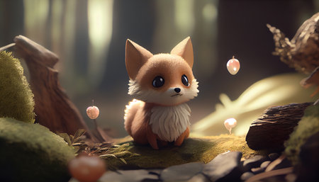 This enchanting illustration depicts a cute little fox in a magical forest setting, evoking a sense of wonder and imaginationの写真素材