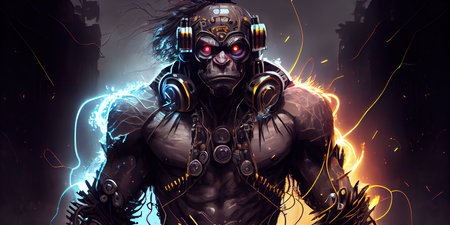 The cyberpunk ape is a symbol of rebellion, individuality, and technology. This illustration represents an ape in a neon-lit cyberpunk worldの写真素材