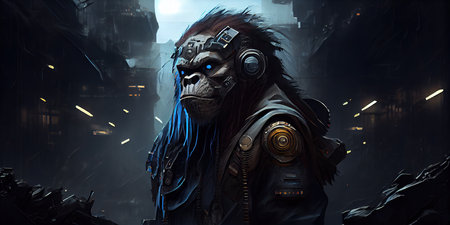 The cyberpunk ape is a symbol of rebellion, individuality, and technology. This illustration represents an ape in a neon-lit cyberpunk worldの写真素材