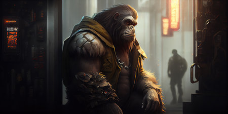 The cyberpunk ape is a symbol of rebellion, individuality, and technology. This illustration represents an ape in a neon-lit cyberpunk worldの写真素材