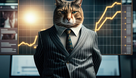 Cat trader showcases a smart and intuitive figure analyzing market trends and making profitable...