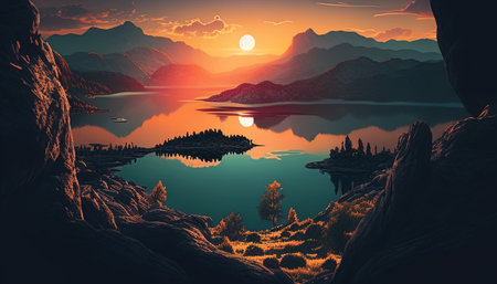 Golden sunset giving way to peaceful dusk, painting hills in warm huesの写真素材