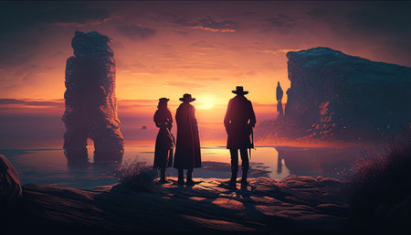 People gazing at the sea at dusk, standing on rocky terrain, serenely scenic.の写真素材