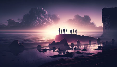 People gazing at the sea at dusk, standing on rocky terrain, serenely scenic.