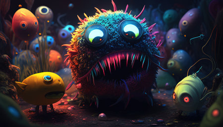 Vibrant creepy creatures lurking in dark, displaying their eerie beautyの写真素材