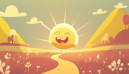 A cheerful environment background with a cute sunshine, a playful and sunny illustration perfect for uplifting vibes.の写真素材