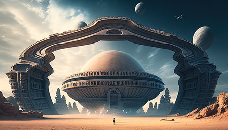 An illustration of ancient cities witnessing a surreal scene with a sci-fi alien, a mysterious and fascinating depiction of the unknown.の写真素材