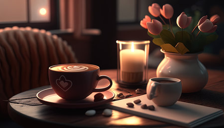 A cozy coffee date with a Valentine's aesthetic, a charming and romantic illustration for a lovely atmosphere.の写真素材