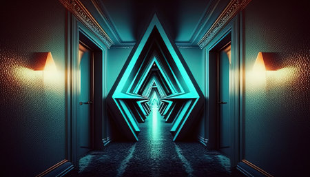 A cool and futuristic hallway with a trippy triangular form, a mesmerizing and mind-bending illustration.の写真素材