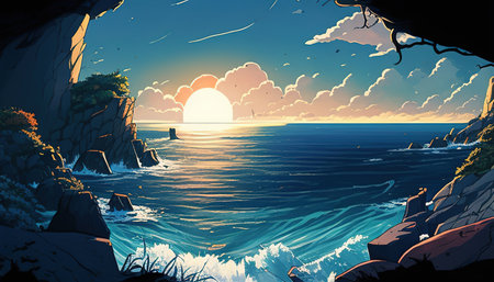 A stunning view of the sea with shining sunlight, captured in an illustration