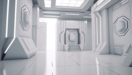 Futuristic white interior, featuring bold geometric shapes and modern aestheticsの写真素材