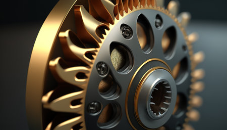 Metallic gear with teeth and spokes, representing industrial and mechanical precision