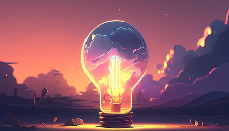 A bright lightbulb illuminates new horizons in an inspiring illustrationの写真素材