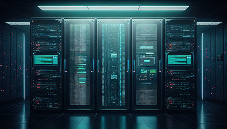 Futuristic server room with racks and equipment, showcasing advanced technology.