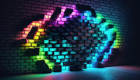 Futuristic neon lights on grunge brick wall, blending retro and modern vibesの写真素材