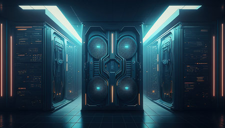Futuristic server room with racks and equipment, showcasing advanced technology.