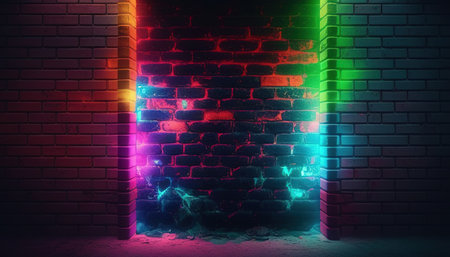 Futuristic neon lights on grunge brick wall, blending retro and modern vibesの写真素材