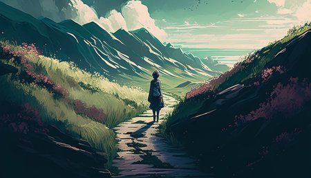 Solitary traveler navigates winding pathの写真素材