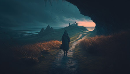 Solitary traveler navigates winding pathの写真素材