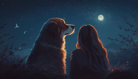 A serene moment captured in an illustration of a young woman and her dog enjoying a beautiful moonlit night.の写真素材