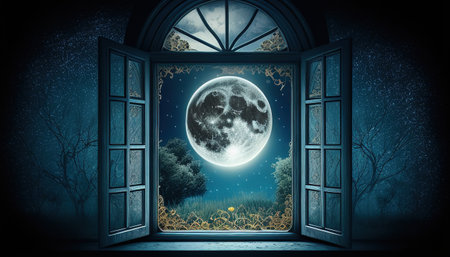 Enchanting scene of moonlight casting magic glow on windowの写真素材