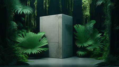 Lush tropical forest meets modern concrete podium in stunning backdrop illustration.の写真素材