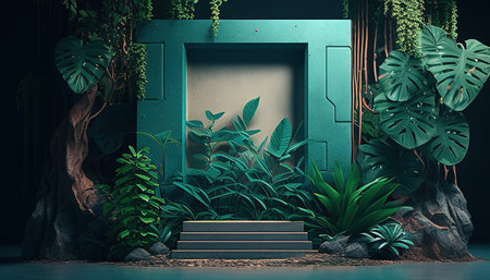 Lush tropical forest meets modern concrete podium in stunning backdrop illustration.の写真素材
