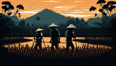 Silhouette farmers working on rice fields in rural landscapeの写真素材
