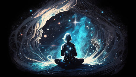 cosmic with a person meditating digital art illustrationの写真素材