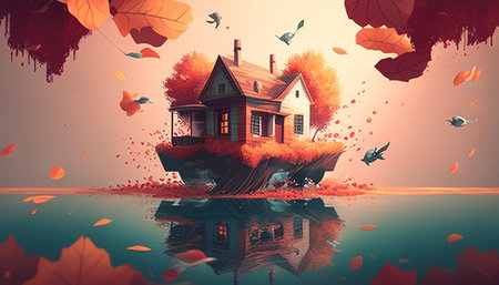 house with falling leaves scene digital art illustrationの写真素材