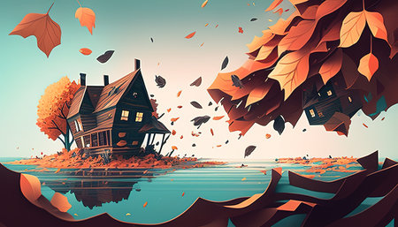 house with falling leaves scene digital art illustrationの写真素材