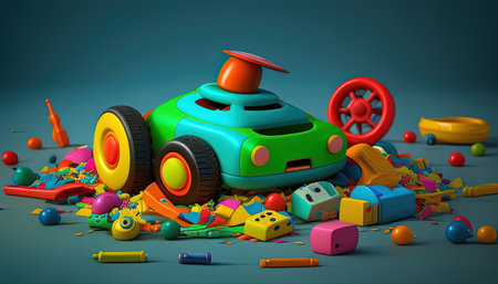 colorful children toys scatter on floor digital art illustrationの写真素材