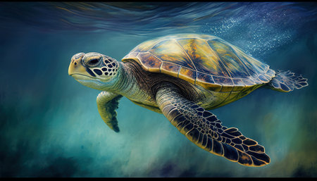 Giant sea turtle swimming digital art illustrationの写真素材