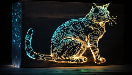 cat neon line digital art illustrationの写真素材