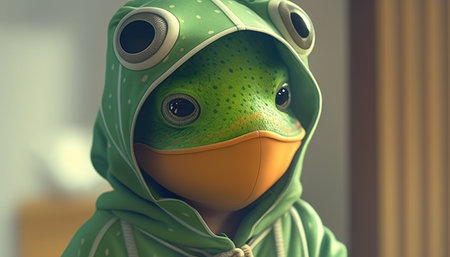 young boy wearing frog costume digital art illustrationの素材