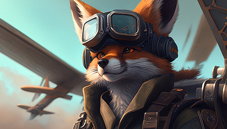 adventurous fox pilot digital art illustration, Generative AIの素材