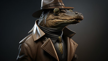confident crocodile detective digital art illustration, Generative AIの素材