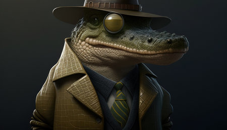 confident crocodile detective digital art illustration, Generative AIの素材