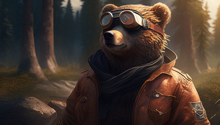 adventurous bear explorer digital art illustration, Generative AIの素材