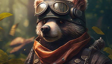 adventurous bear explorer digital art illustration, Generative AIの素材