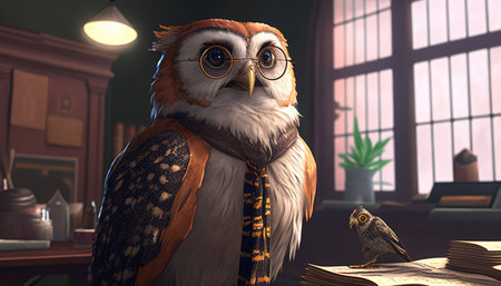 knowledgeable owl scholar digital art illustration, Generative AIの素材