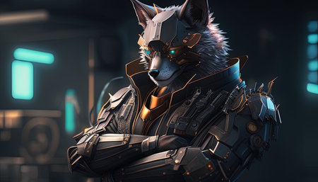 confident futuristic wolf spy digital art illustration, Generative AIの素材