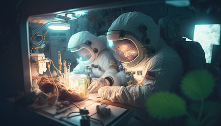 a team astronauts performing scientific experiment digital art illustration, Generative AIの素材
