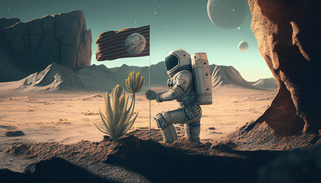 astronaut planting a flag digital art illustration, Generative AIの素材