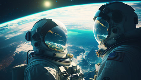 two astronauts floating in space digital art illustration, Generative AIの素材