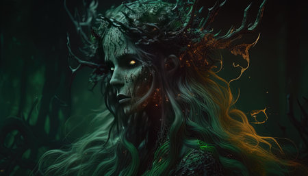 wendigo witch with long flowing hair digital art illustration, Generative AIの素材